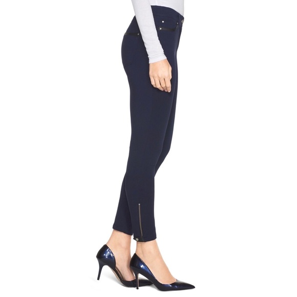 White House Black Market Pants - WHBM NAVY PONTE FAUX LEATHER TRIM PANTS
